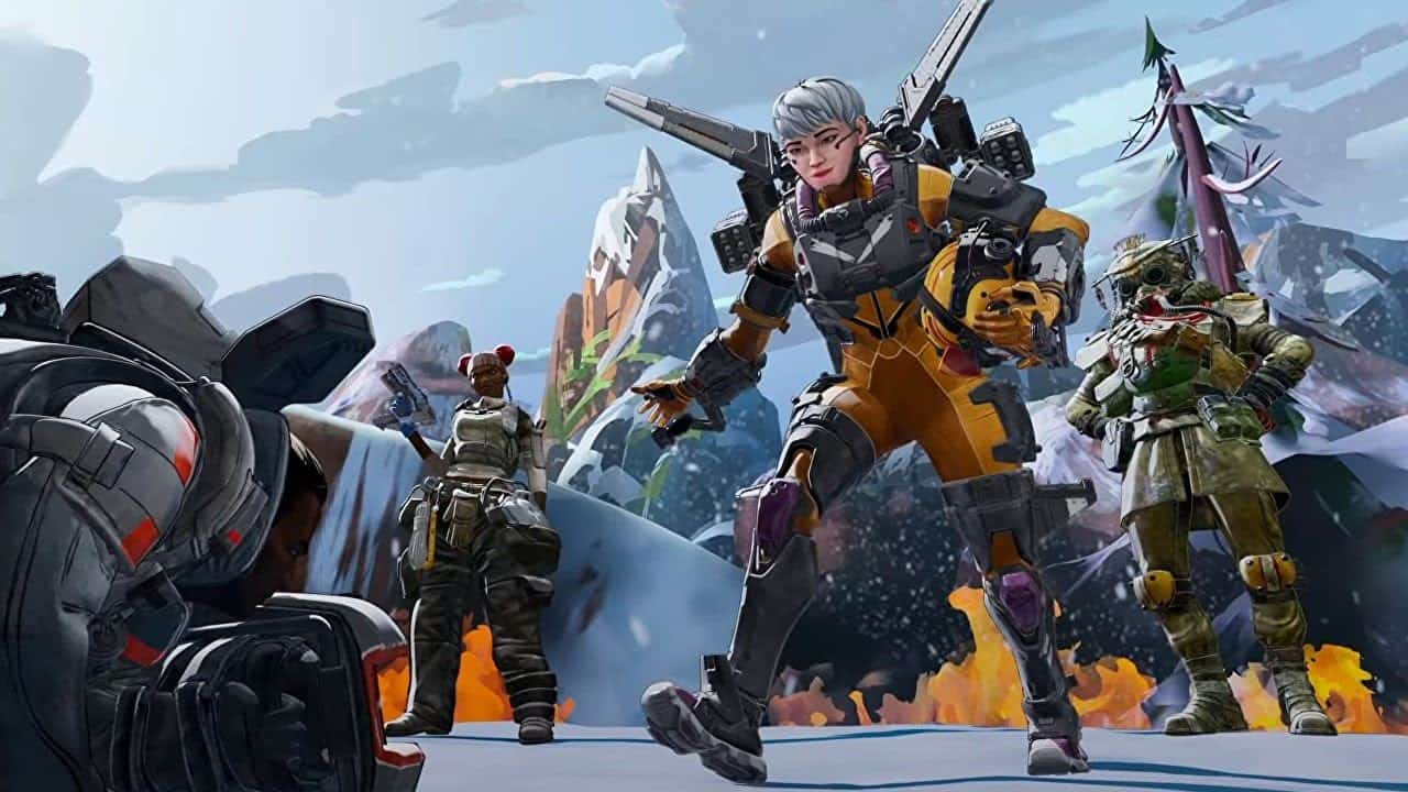Apex Legends character Valkyrie extends a hand towards a teammate with their squad behind her in a frozen landscape.